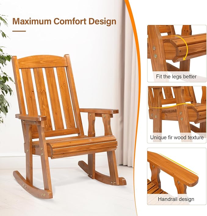 VINGLI Outdoor Rocking Chair, Heavy Duty 600 LBS Wooden Rocker, Teak | High & - Image 4