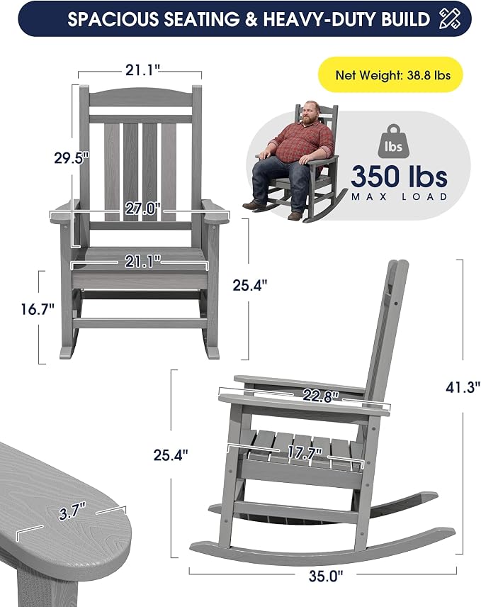 Oversized Outdoor Rocking Chairs Set of 4, Porch Rocker Unique Gray | - Image 3