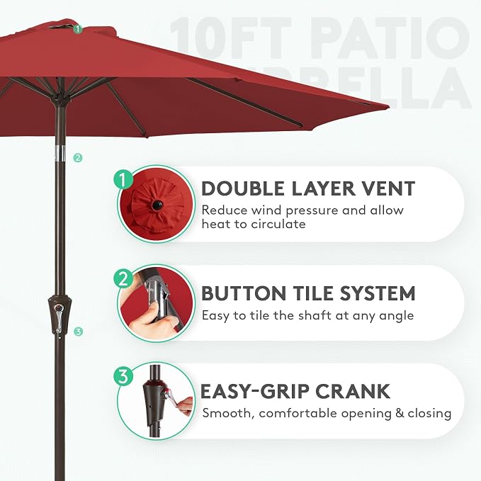JEAREY 10 ft Outdoor Patio Umbrella w/Tilt and Crank, Light Red | 8 Sturdy Ribs - Image 2