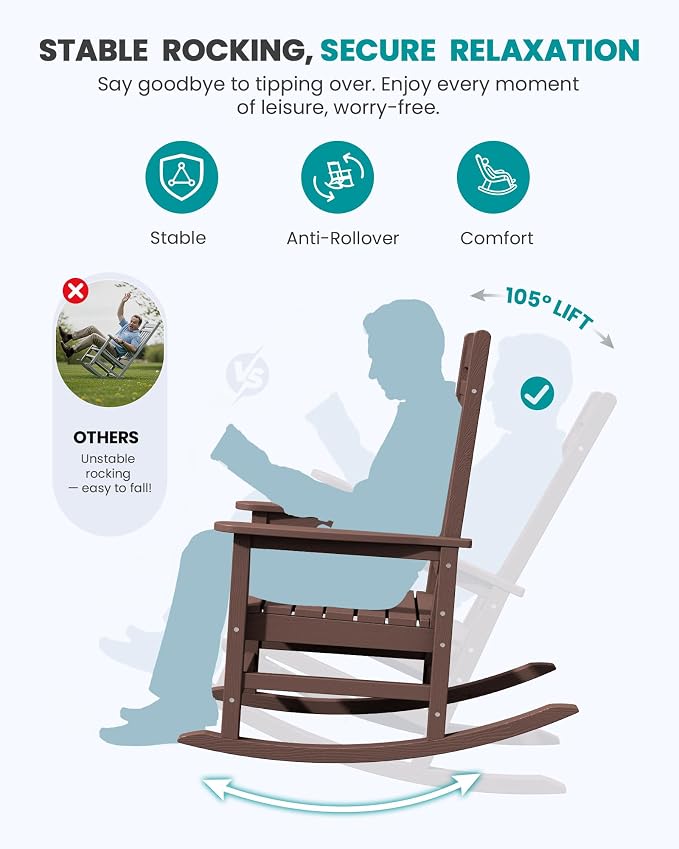 SERWALL Outdoor Rocking Chair Set of 2, Patio Rocking Chair, Coffee | HDPE - Image 5