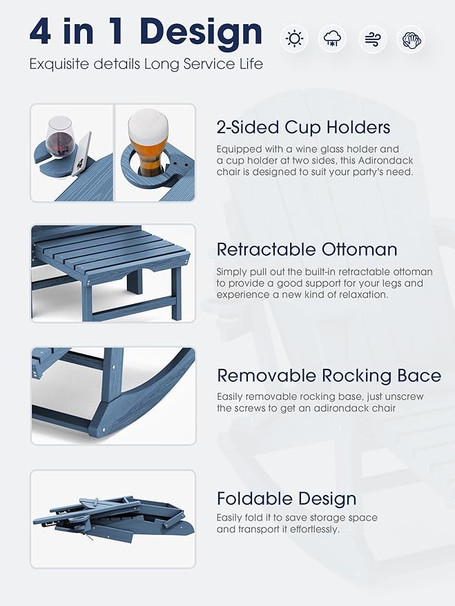 Adirondack Rocking Chair with Ottoman and Cup Holders | HDPE Porch Rocker - Image 3