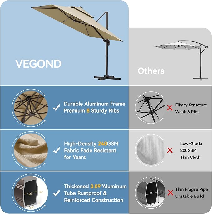10x10 FT Patio Cantilever Umbrella, Rectangular Heavy Duty Offset Umbrella - Image 2