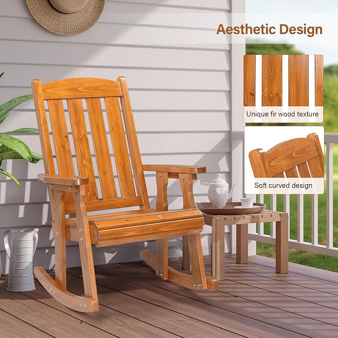 VINGLI Outdoor Rocking Chair, Heavy Duty 600 LBS Wooden Rocker, Teak | High & - Image 6