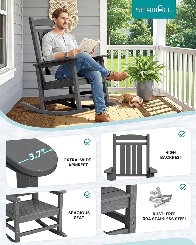 SERWALL Outdoor Rocking Chair Set of 6, Oversized Patio Rocking Chair, Porch - Image 6