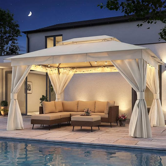 10'x13' Outdoor Gazebo with 50FT String Lights, Metal Heavy Duty Patio Canopy by LAUSAINTHOME