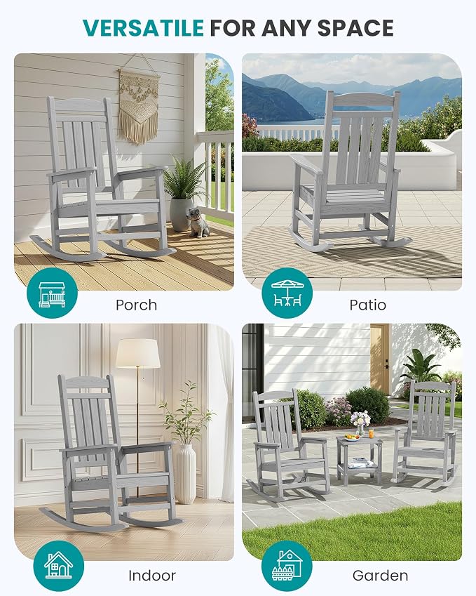 SERWALL Outdoor Rocking Chair Set of 4, Patio Rocking Chair, Light Gray | HDPE - Image 9