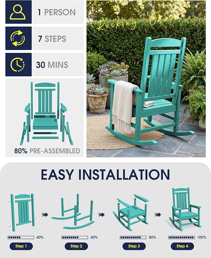 Oversized Outdoor Rocking Chairs Set of 4, HDPE Porch Rocker, Aruba | - Image 7
