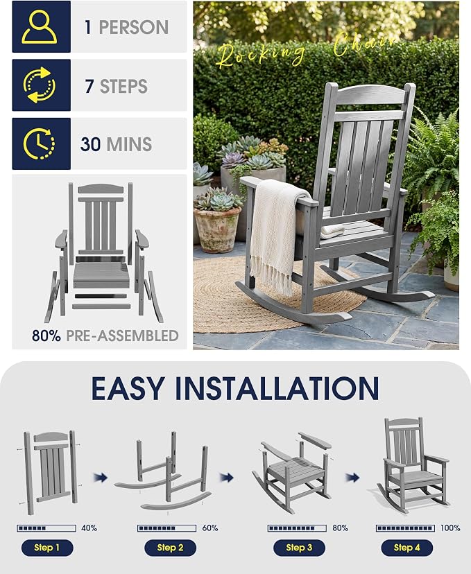 Oversized Outdoor Rocking Chair Set of 4, Porch Rockers, Light Gray | - Image 8
