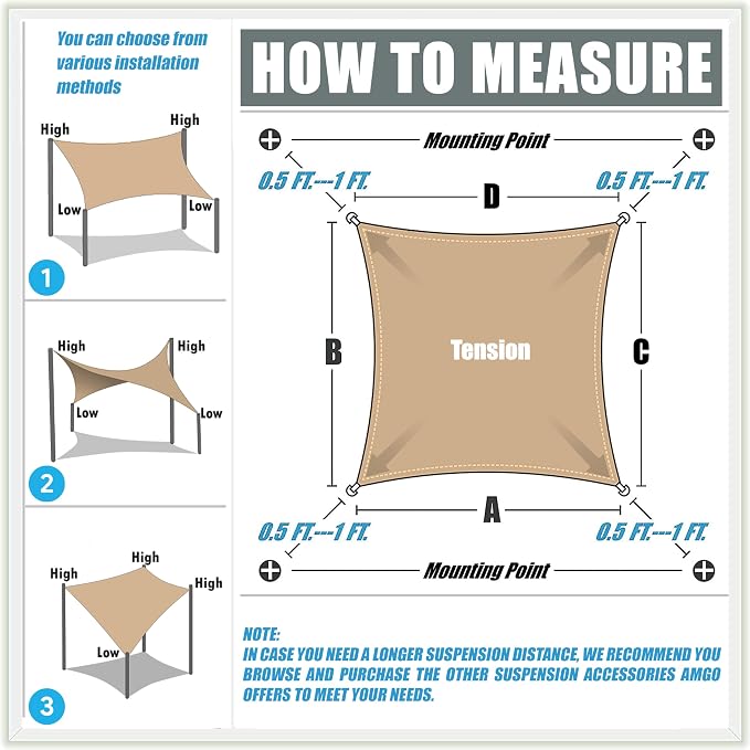Amgo Custom Size 12' x 16' Green Rectangle Square Sun Shade Sail UPF50+ - Image 6