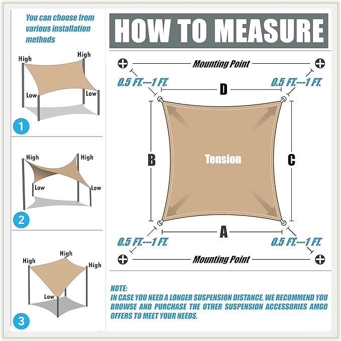 Amgo Custom Size 10' x 22' Sand Beige Rectangle Square Sun Shade Sail UPF50+ - Image 6