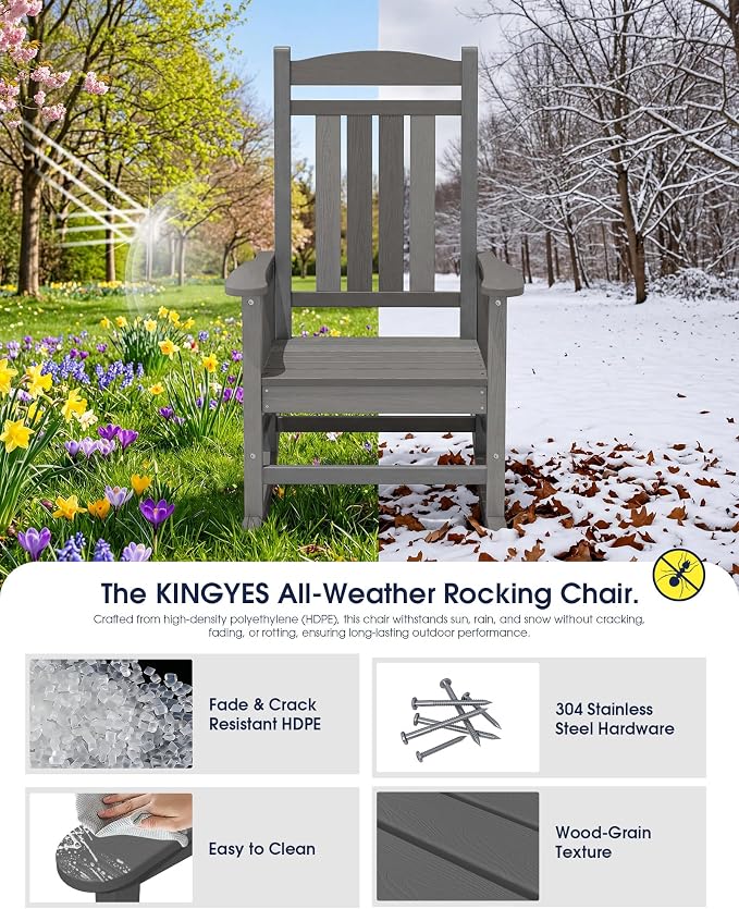 Oversized Outdoor Rocking Chairs Set of 4, Porch Rocker Unique Gray | - Image 5