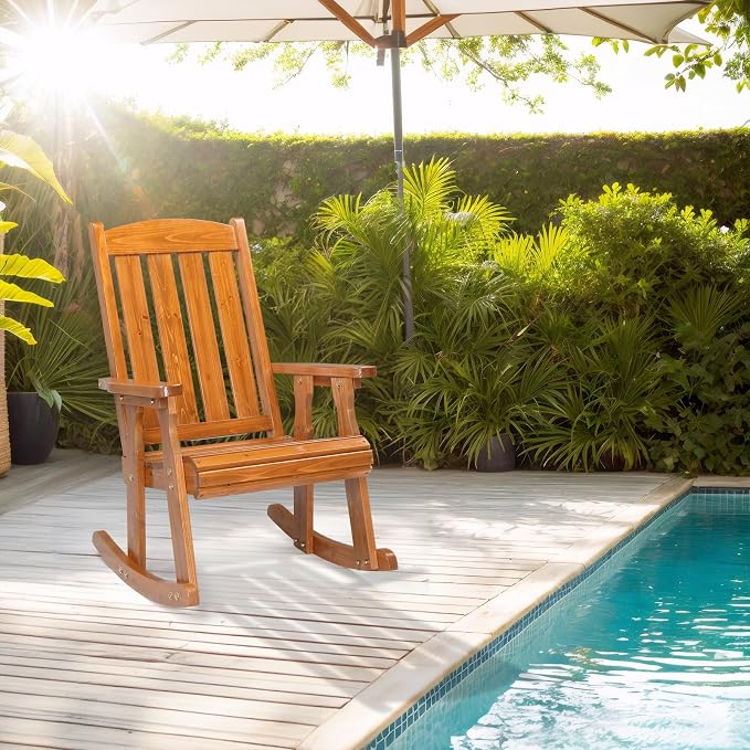 VINGLI Outdoor Rocking Chair, Heavy Duty 600 LBS Wooden Rocker, Teak | High & - Image 2