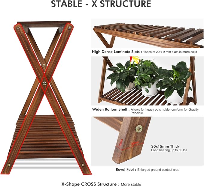 Wood Plant Stand Shelf Indoor Outdoor 2 Tier Plant Bench Corner | Stepped - Image 4