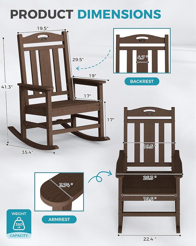 Oversized Outdoor Rocking Chairs Set of 3, 380lbs Heavy-Duty Large Patio Rocker - Image 2