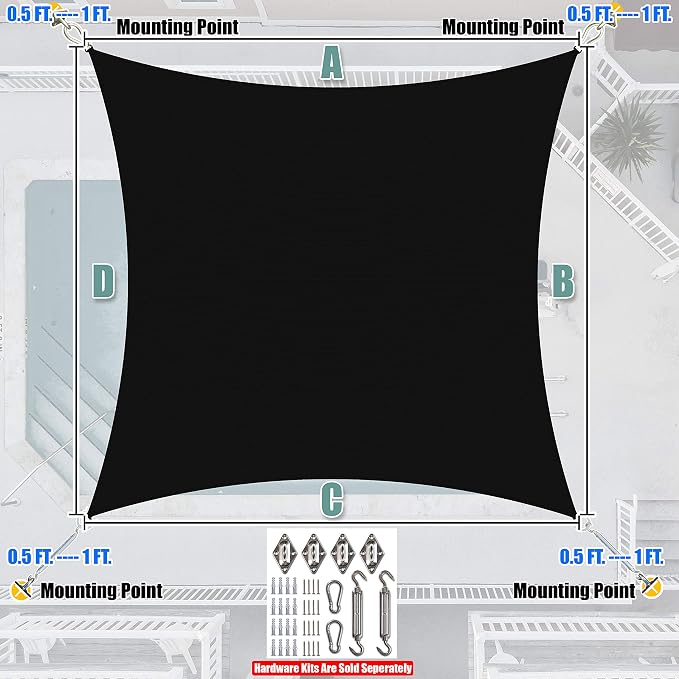 Amgo Custom Size 10' x 17' Black Rectangle Square Sun Shade Sail UPF50+ - Image 7