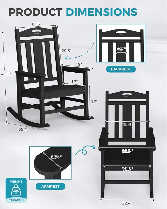 Oversized Outdoor Rocking Chair, 380lbs Heavy-Duty Large Patio Rocker, Weather - Image 2