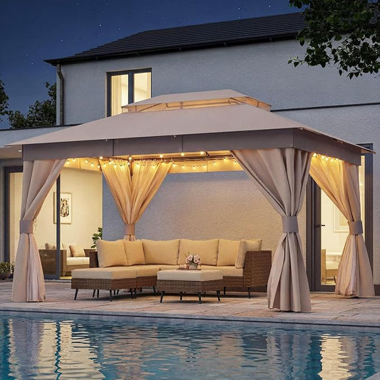 10'x13' Outdoor Gazebo with 50FT String Lights, Metal Heavy Duty Patio Canopy by LAUSAINTHOME