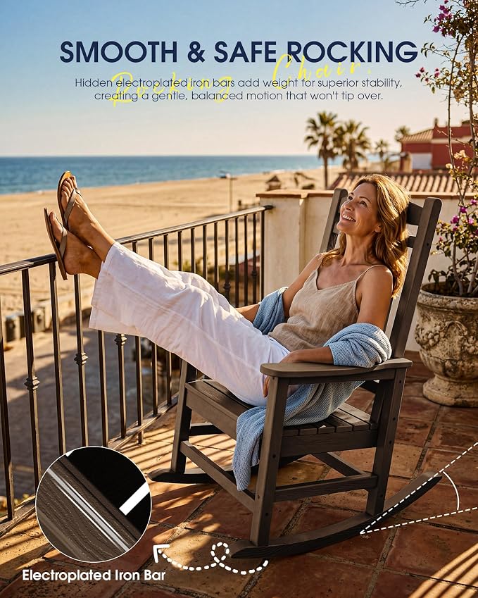 Oversized Outdoor Rocking Chair Set of 6, HDPE Porch Rocker, Coffee | - Image 8