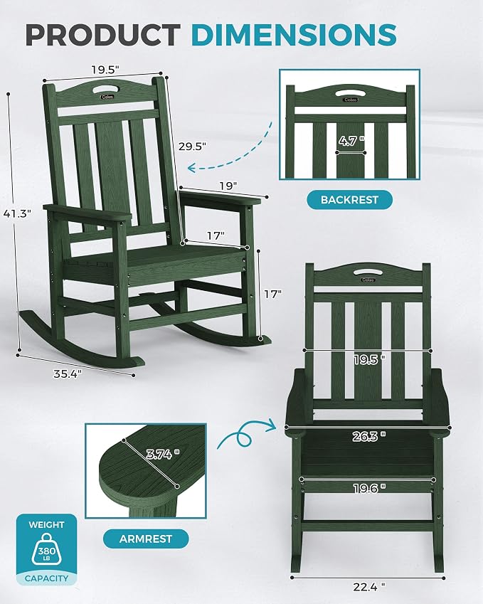 Oversized Outdoor Rocking Chairs Set of 3, 380lbs Heavy-Duty Large Patio Rocker - Image 3