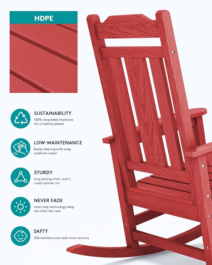 SERWALL HDPE Oversized Outdoor Rocking Chairs Set of 2, Patio Rocker, All - Image 7