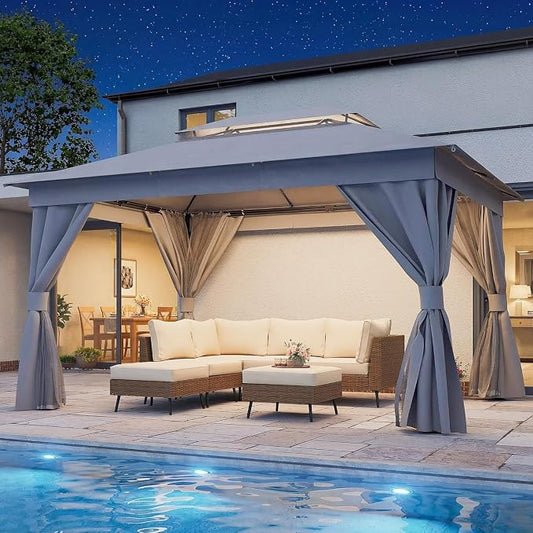 10'x13' Outdoor Gazebo with 50FT String Lights, Metal Heavy Duty Patio Canopy by LAUSAINTHOME