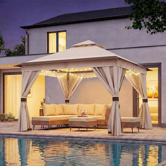 10'x10' Outdoor Gazebo with 50FT String Lights, Metal Heavy Duty Patio Canopy by LAUSAINTHOME