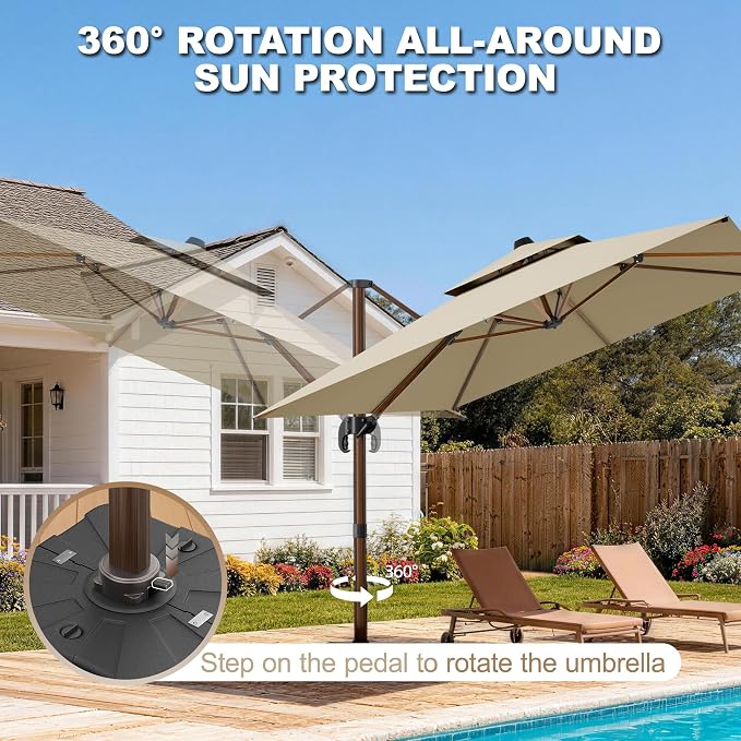 10x13FT Cantilever Outdoor Patio Umbrellas, Double Top Wood Pattern Rectangle - Image 2