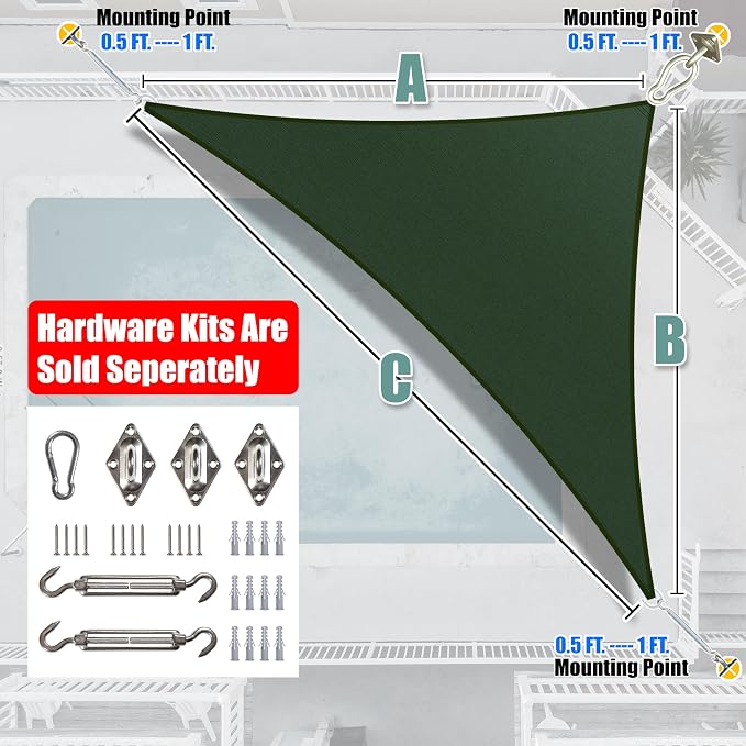 Amgo Custom Size 8' x 15' x 17' Green Right Triangle Sun Shade Sail UPF50+ - Image 6