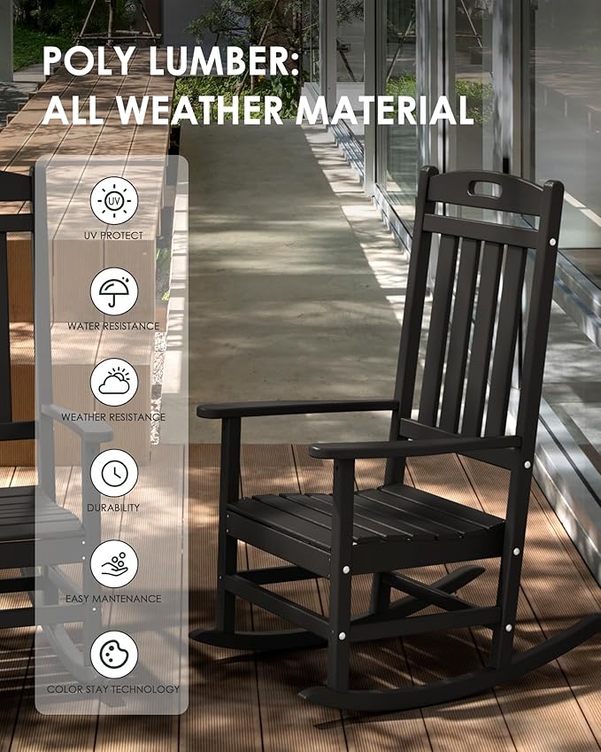Outdoor Rocking Chair Set of 2, All-Weather Resistant Poly Lumber Rocker Chair - Image 4