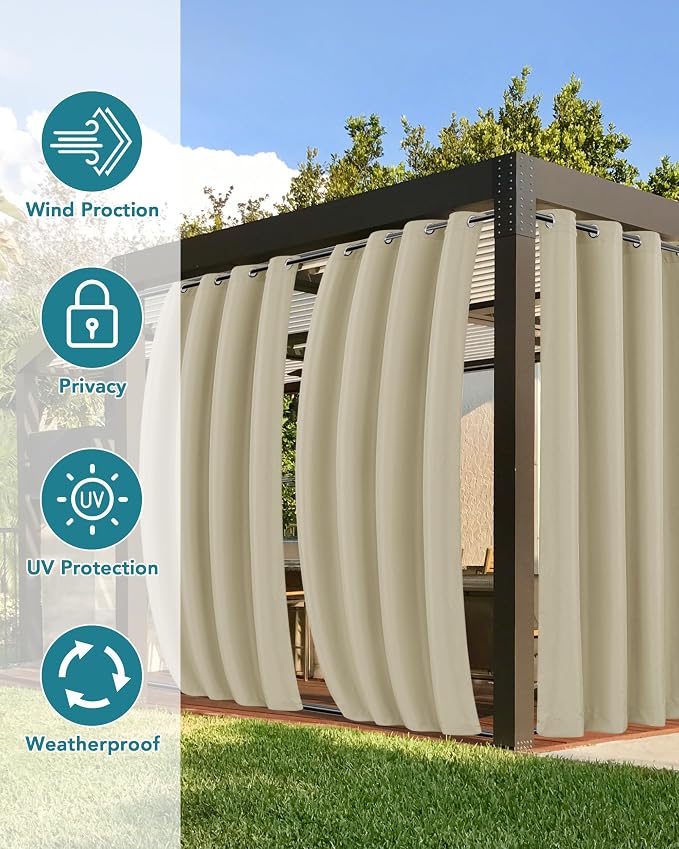 Windproof Outdoor Curtains for Patio Waterproof 4 Pcs 54x120 In Cream | Grommet - Image 3