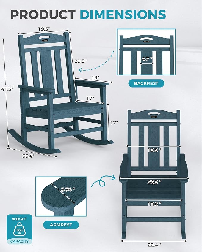Oversized Outdoor Rocking Chairs Set of 2, 380lbs Heavy-Duty Large Patio Rocker - Image 3