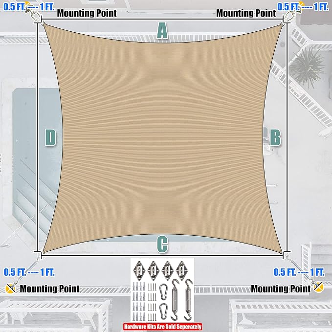 Amgo Custom Size 9' x 9' Sand Beige Rectangle Square Sun Shade Sail UPF50+ - Image 7
