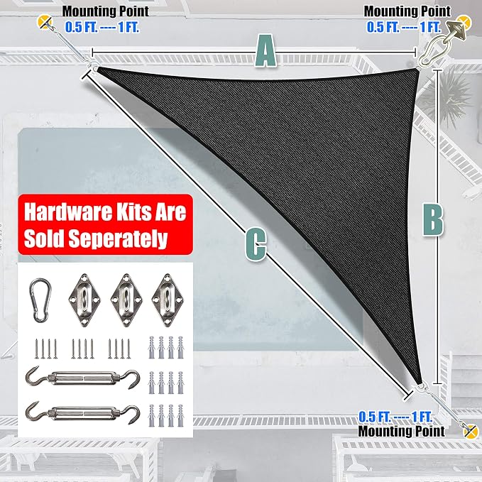 Amgo Custom Size 12' x 22' x 25.1' Black Right Triangle Sun Shade Sail UPF50+ - Image 6