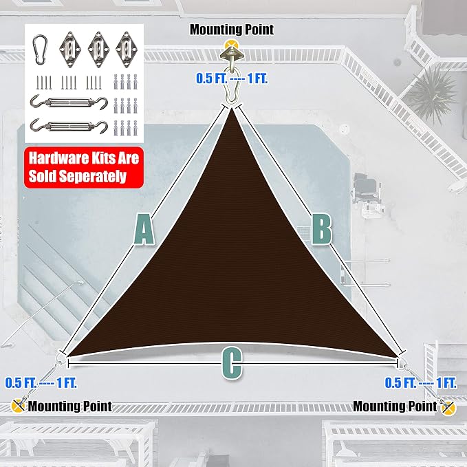 Amgo Custom Size 15' x 15' x 15' Brown Triangle Sun Shade Sail UPF50+ AGTAPT12 - Image 6