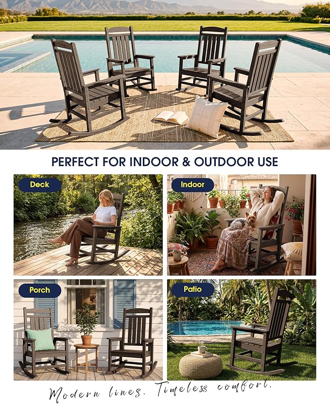 Oversized Outdoor Rocking Chair Set of 6, HDPE Porch Rocker, Coffee | - Image 6