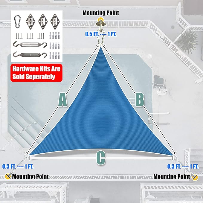 Amgo 16' x 16' x 16' Blue Triangle Sun Shade Sail Outdoor Canopy Awning UPF50+ - Image 6