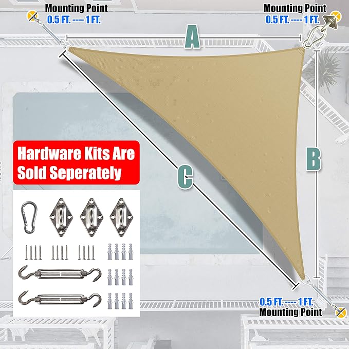 Amgo Custom Size 9' x 13' x 15.8' Sand Beige Right Triangle Sun Shade Sail - Image 6