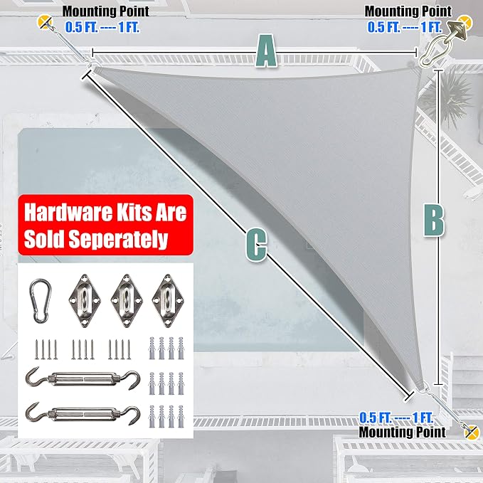 Amgo Custom Size 18' x 22' x 28.4' Gray Right Triangle Sun Shade Sail UPF50+ - Image 6
