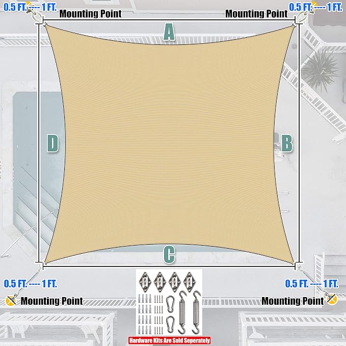 Amgo Custom Size 12' x 23' Beige Rectangle Square Sun Shade Sail UPF50+ - Image 7