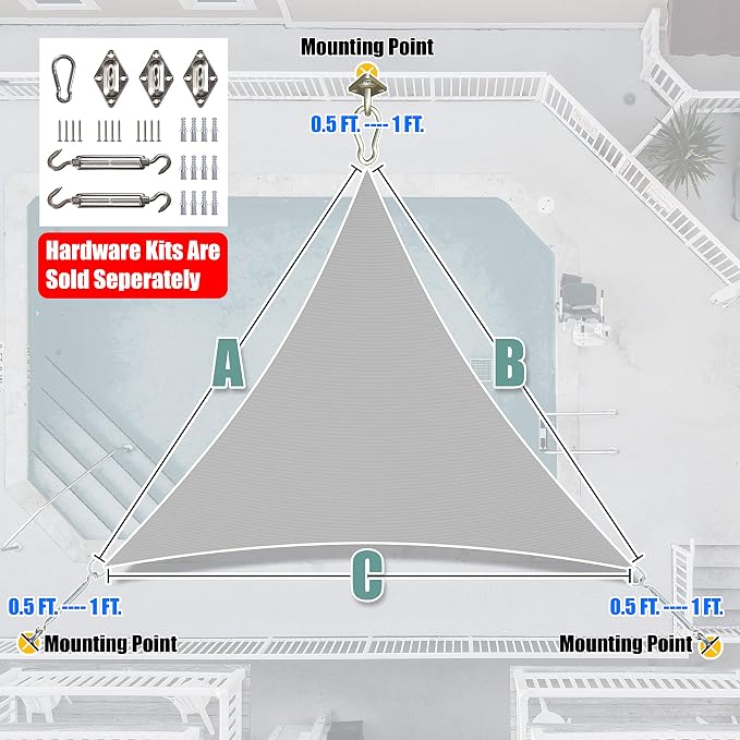 Amgo 24' x 24' x 24' Gray Triangle Sun Shade Sail Outdoor Canopy Awning UPF50+ - Image 6