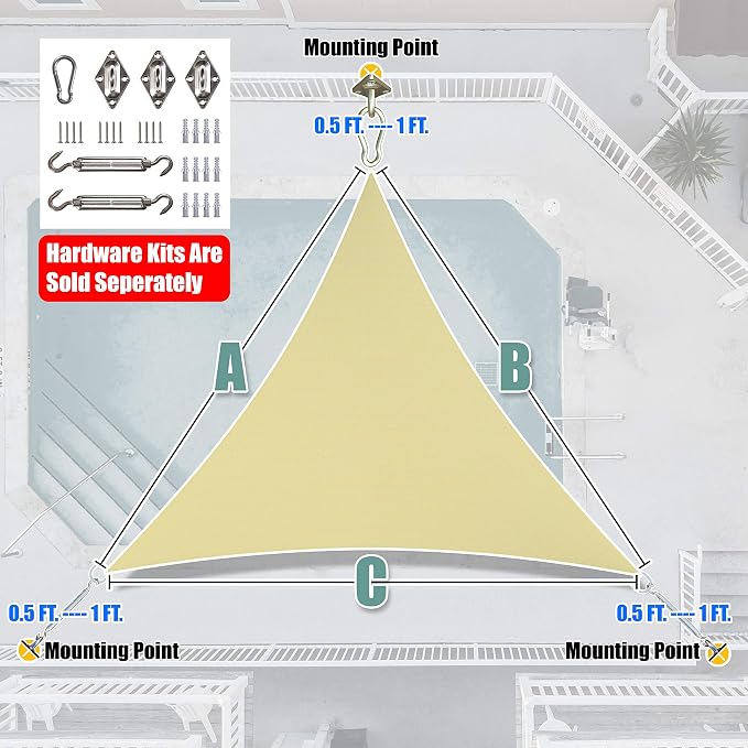 Amgo 10' x 10' x 10' Beige Triangle Shade Sail, UPF50+ Heavy Duty Outdoor Shade - Image 6