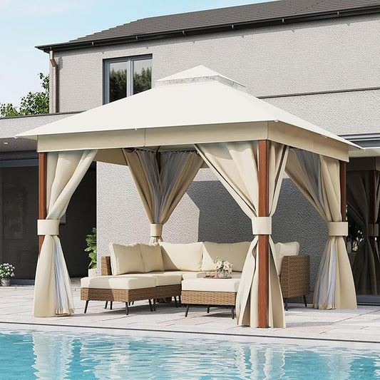 10'x10' Outdoor Gazebo, Wood Grain Frame Heavy Duty Patio Canopy Tent Shelter by LAUSAINTHOME