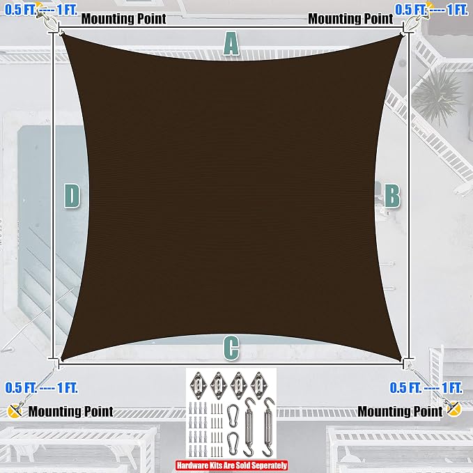 Amgo Custom Size 13' x 13' Brown Rectangle Square Sun Shade Sail UPF50+ - Image 7