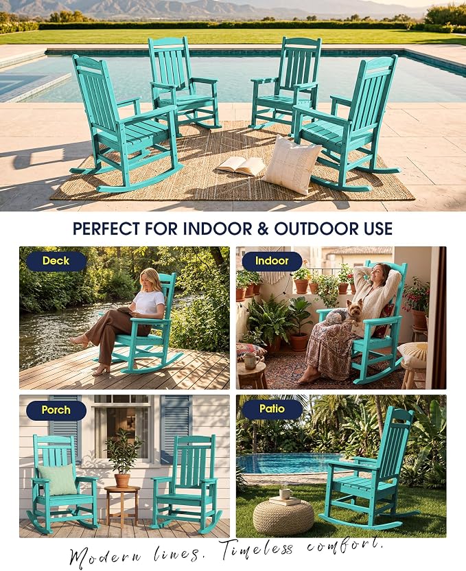 Oversized Outdoor Rocking Chairs Set of 4, HDPE Porch Rocker, Aruba | - Image 8